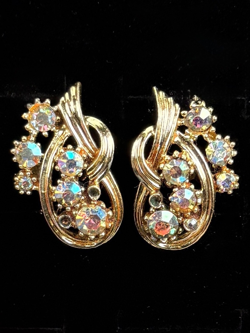 Vintage Goldtone Aurora Crystal Swirl Clip-On Earrings